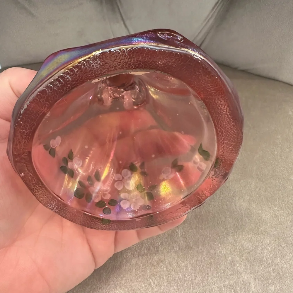 Fenton Art Glass Pink Iridescent Angel Figure Hand Painted Floral Signed 6.5